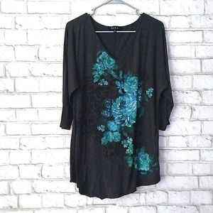 B.L.E.U. floral cheetah print blouse size large